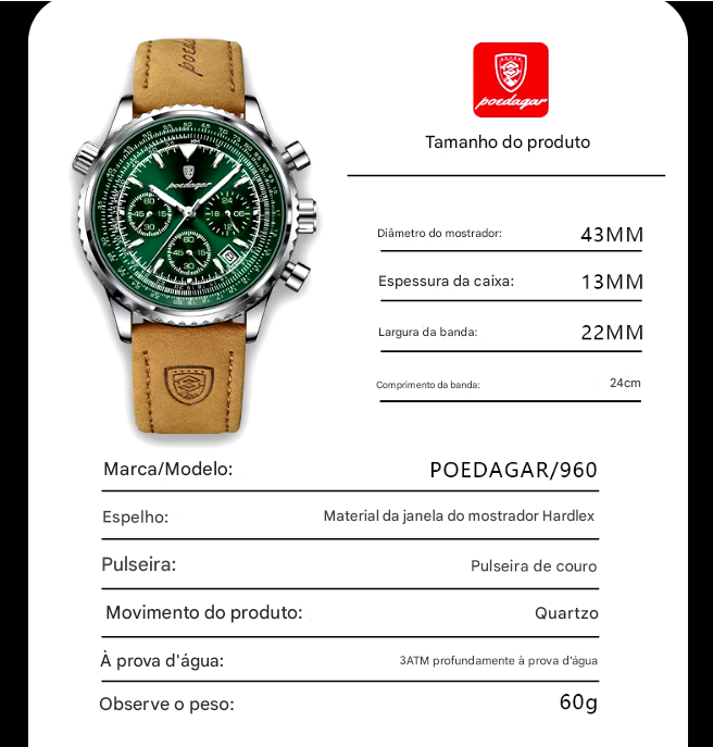 Relógio Masculino Original Poedagar Legítimu's - Model Quartzo com Pulseira De Couro