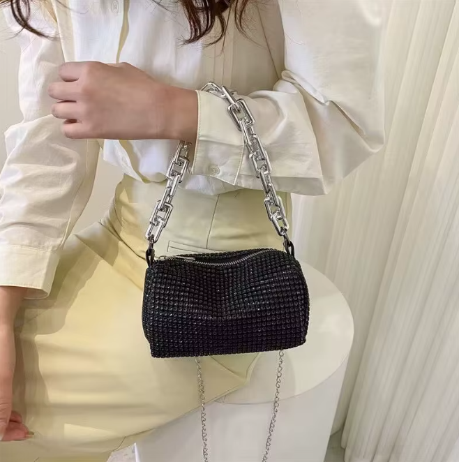 Bolsa Com Strass & Corrente de Glitter - Crossbody Feminina