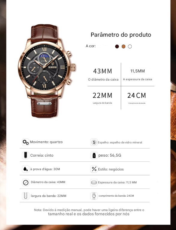 Relógio Masculino Lige Casual - Model Quartz À Prova D'Água