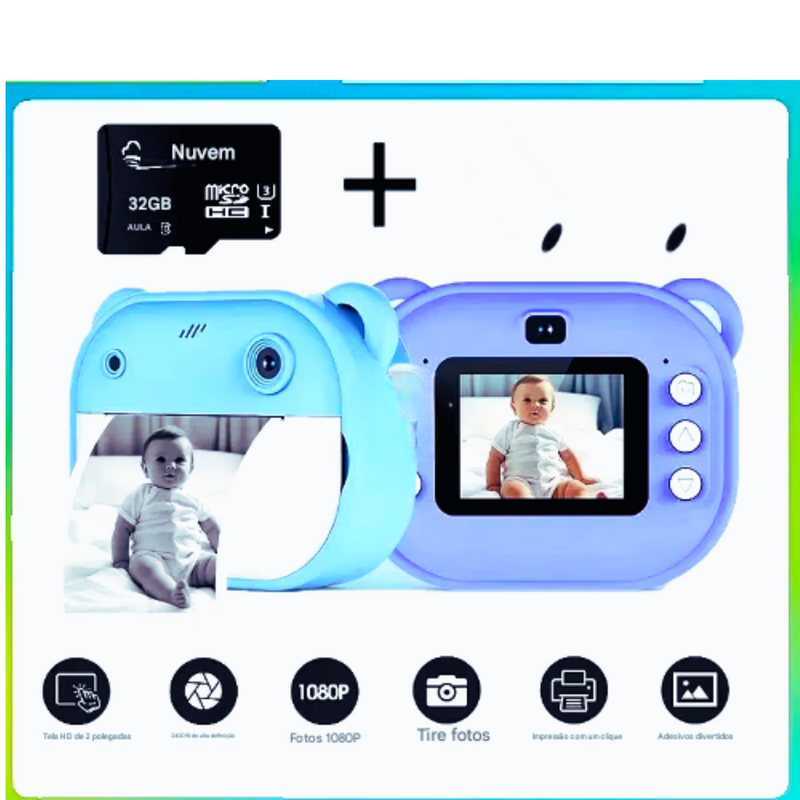 Câmera Digital Infantil com Impressão Instantânea & Cartão de Memória 32G