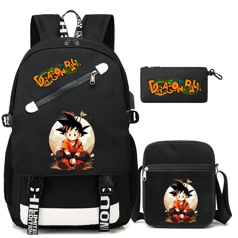 Mochila Escolar com 3 peças Dragon Ball Z - Impermeável & Função USB