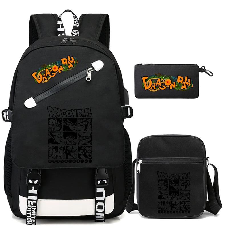 Mochila Escolar com 3 peças Dragon Ball Z - Impermeável & Função USB