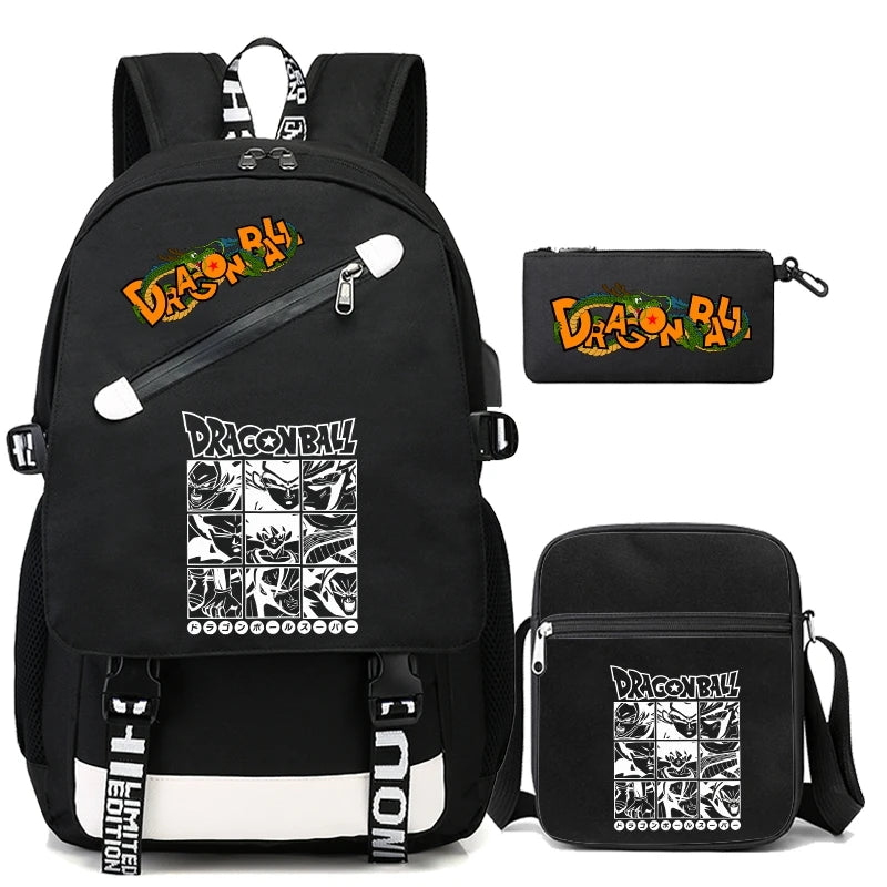 Mochila Escolar com 3 peças Dragon Ball Z - Impermeável & Função USB