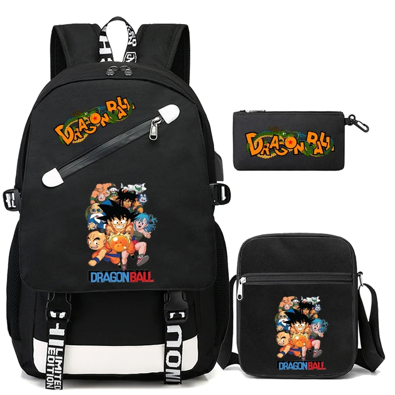 Mochila Escolar com 3 peças Dragon Ball Z - Impermeável & Função USB